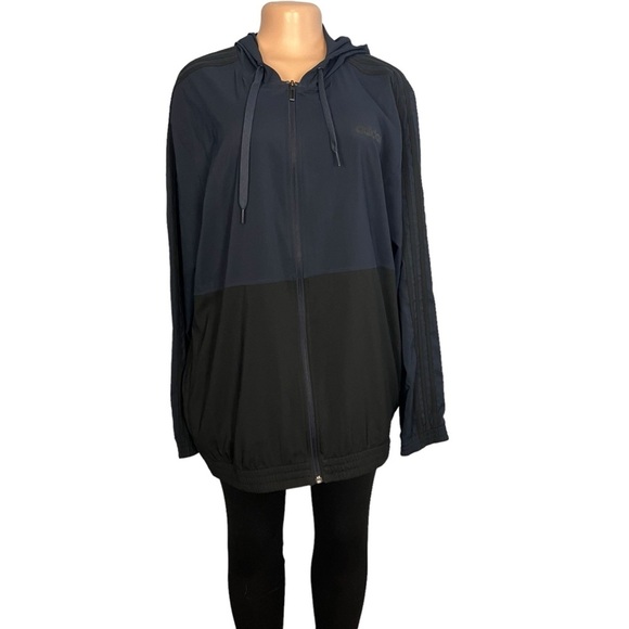 Adidas 3-Stripe Hooded Zip-Up Woven Jacket Navy Blue & Black - Picture 2 of 8